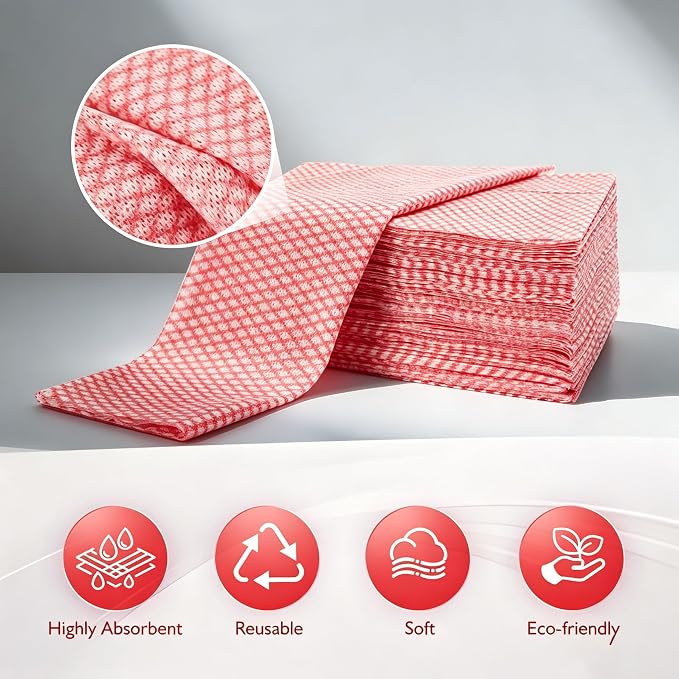 60 Pack Disposable Dish Cloths for Kitchen, Durable Cleaning Wipes | Short-term reusable cleaning cloths for bathroom & daily Cleaning (Red)