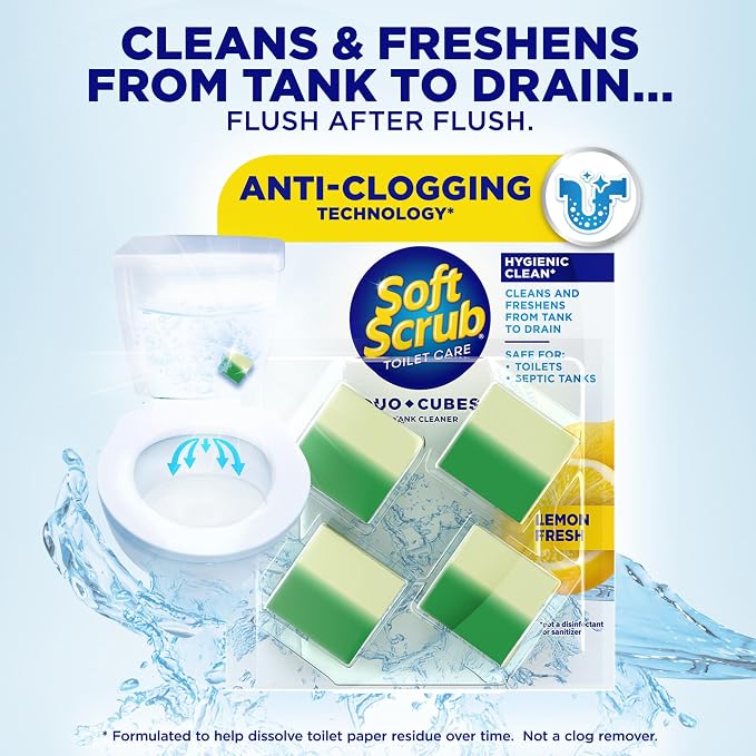 Soft Scrub In-Tank Toilet Cleaner Duo-Cubes, Lemon Fresh, Clear Water, 4 Ct, Cleans & Freshens, Helps Fight Toilet Ring, Hard Water & Limescale Stains