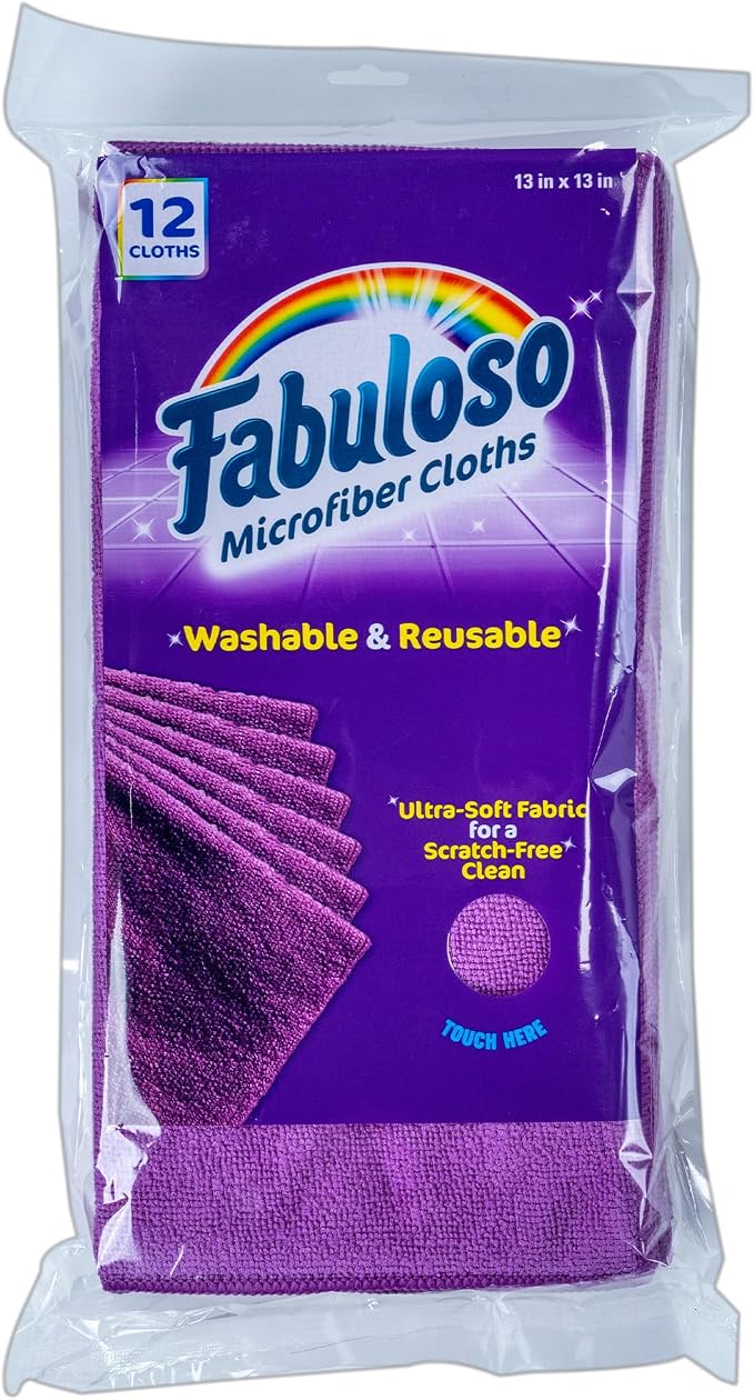 Fabuloso Microfiber Cleaning Cloths for Home & Car, Lint-Free Scratch-Free Rags for Glass, Kitchen & Wood, Reusable Machine Washable, Absorbent for Dusting & Wiping, Purple, 13 x 13 in, 12 Count