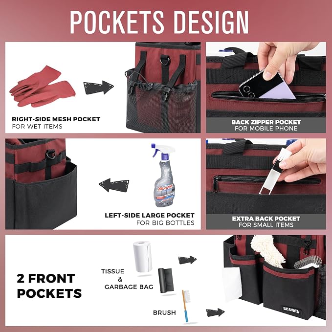 SCAVATA Compact Wearable Cleaning Caddy with Handle & Shoulder Straps | Small Cleaning Supplies Organizer, Under Sink & Car Cleaning Tools Storage Bag for Housekeepers Cleaners, AncoraRed
