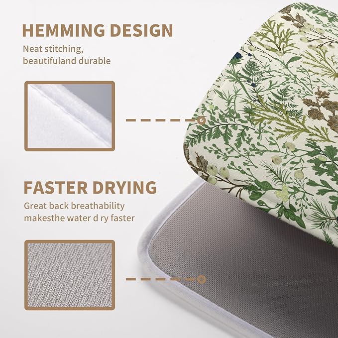 Sage Green Botanical Floral Dish Drying Mat for Kitchen Counter Vintage Herbs Fern Leaves Plant Drying Mats Absorbent Microfiber Dishes Drainer Mats Washable Dish Draining Pad Extra Large 18"x24"