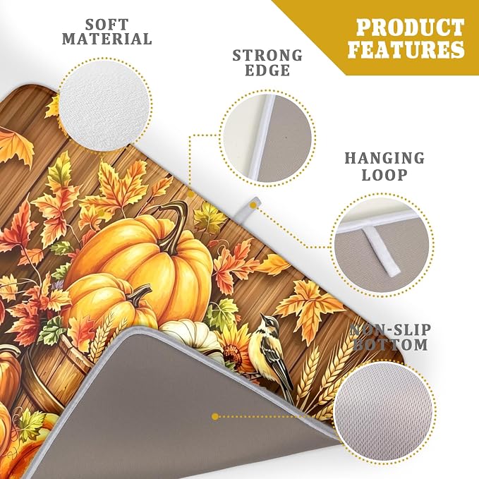 Autumn Dish Drying Mat for Kitchen Counter Fall Pumpkin Corn Harvest Microfiber Absorbent Dish Draining Reusable Washable Foldable Extra Large 18"x24"