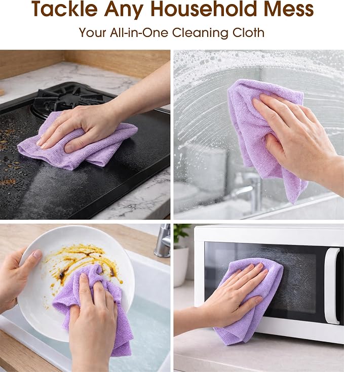 KitchLife Microfiber Cleaning Cloth Roll, 100 Pack - Tear-Away Microfiber Paper Towels, Lint-Free, Reusable, Washable for Kitchen, Car, Dishes, and Sensitive Surfaces (Light Purple)