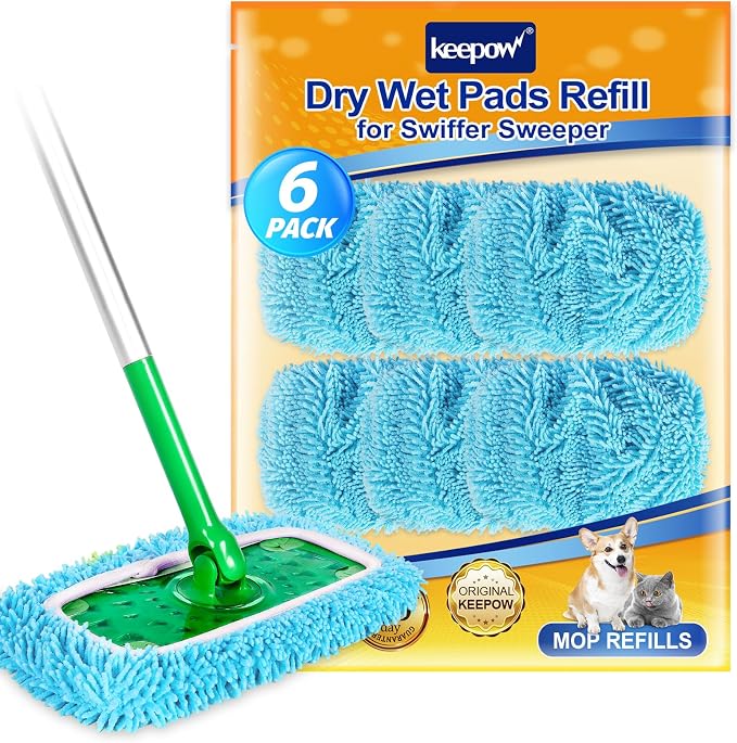 KEEPOW Wet Pads Refill for Swiffer Sweeper Mop and Sweep & Mop Deluxe - Dry Sweeping Cloths for Floor Mopping and Cleaning - Pet Heavy Duty Pads Refills, Upgraded Reusable (6 Pack)