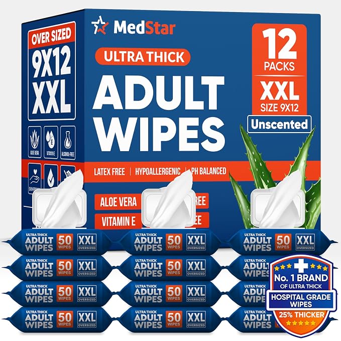 Adult Wipes for Elderly 12 Pack - Extra Large Extra Thick No-Rinse Bathing Wet Wipes for Adults - Incontinence Shower Alternative Disposable Washcloths - Fragrance-Free XXL