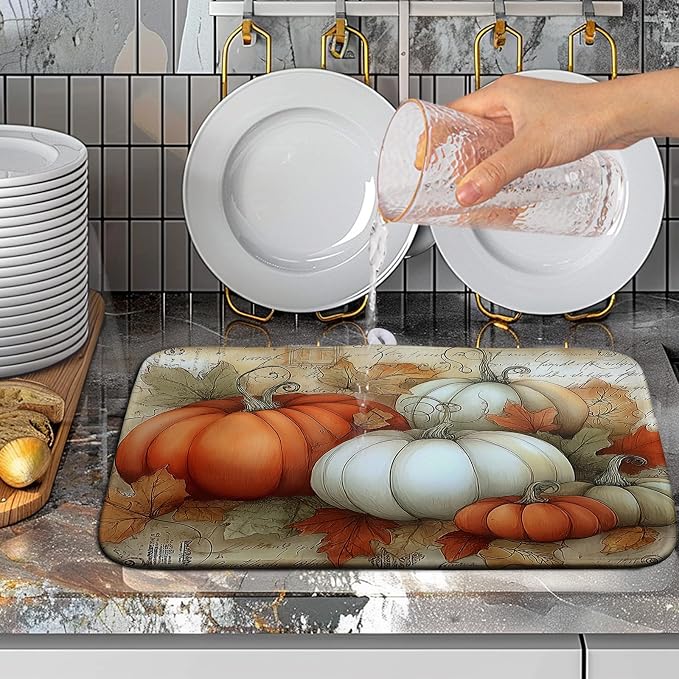 Fall Dish Drying Mats for Kitchen Counter Autumn Pumpkin Maple Leaf Vintage Drying Mats Thanksgiving Holiday Dishes Drainer Pad Microfiber Absorbent Reversible Dish Draining Mat 16x18 Inch