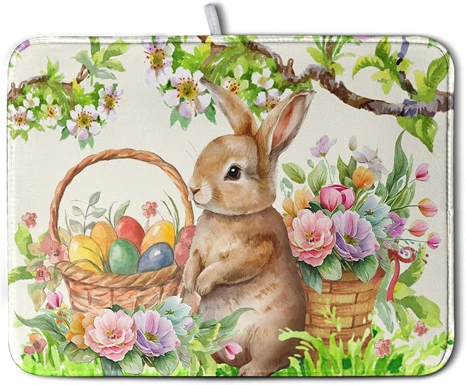 Happy Easter Bunny Kitchen Dish Drying Mat for Dishes 18x24 Inch Spring Colorful Floral Flower Basket Drying Mats Easter Eggs Dish Drainer Mat Super Absorbent Dish Rack Pad for Coffee Bar Sinks