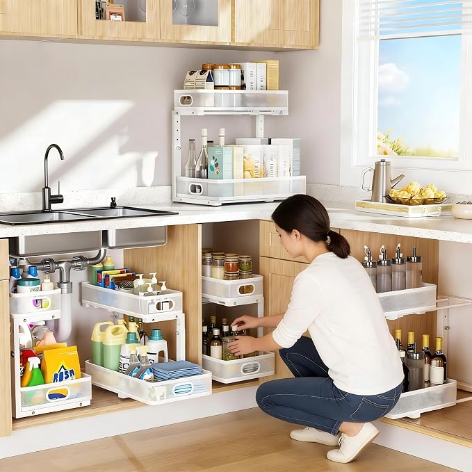 Under Sink Organizer 2 Pack, High Adjustable 2 Tier Under Sink Organizers and Storage, Slide out Metal Cabinet Organizers, Pull out Storage Drawer Shelf for Kitchen Bathroom Cabinet (White-1 pack)