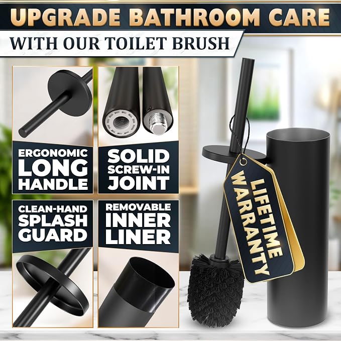 Stainless Steel Toilet Brush and Holder Set, Splash Guard (Black) | Matte Black Toilet Brush and Holder Set, Removable Bowl, Dense Bristles, Long Handle, Scratch Resistant, for Modern Bathrooms