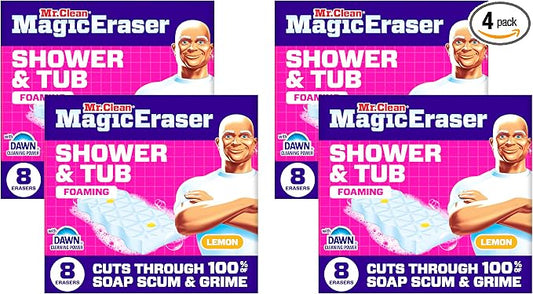 Mr. Clean Magic Eraser Sponge, Bathroom, Shower, Tub Cleaner, Soap Scum Remover, Bathroom Cleaning Supplies, Dawn Cleaning Power with Lemon Scent, Shower & Tub, 8 Count (Pack of 4)
