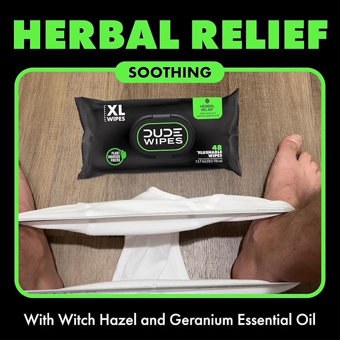 DUDE Wipes Herbal Relief Flushable Wipes - Extra-Large Adult Wet-Wipes - Infused with Soothing Witch Hazel, Geranium Essential Oils, Vitamin E, and Aloe - Septic and Sewer Safe 48 Count (Pack of 12)