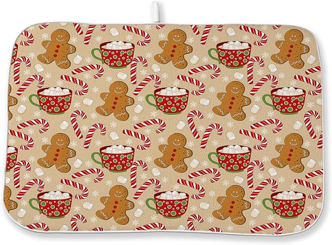 Christmas Dish Drying Mat 18x24 Inch Winter Brown Gingerbread Man Dish Drainer Protector Pad for Kitchen Counter Absorbent Marshmallow Candy Xmas Drying Pad for Drainer Rack Kitchen Fast Dry