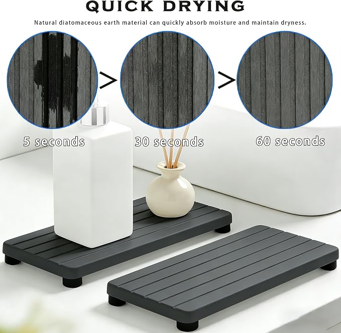2PCS Stone Drying Tray, Water Absorbing Stone Tray for Sinks, Neat Diatomite Sink Trays, Fast Drying Kitchen Sponge Hand Soap Holder, Instant Dry Sink Coasters Used for Bathroom Counter -Dark Gray