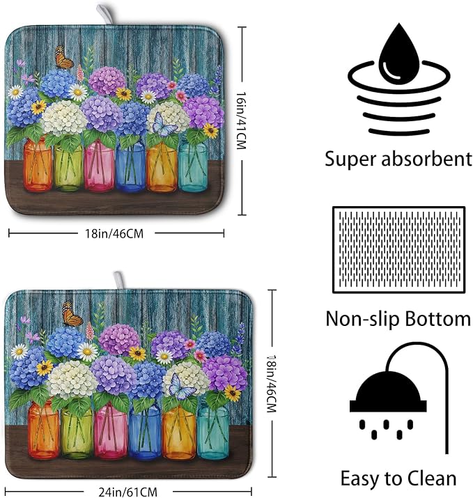 Hydrangea Dish Drying Mat Spring Summer Floral Jars Kitchen Drying Mats for Countertops Vintage Flower Vases Dish Draining Mat Microfiber Absorbent Dish Rack Pad 16x18 Inch