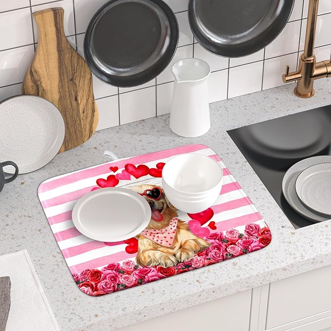 Valentine's Day Dog Dish Drying Mat for Kitchen Counter 16x18 inch Heart Rose Absorbent Dish Drainer Rack Mats for Coffee Bar Countertop