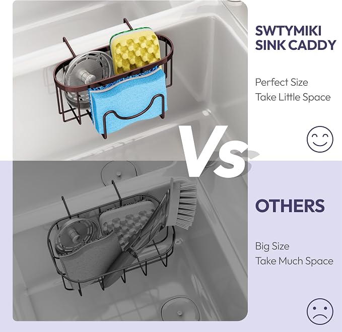 SWTYMIKI Sponge Holder for Kitchen Sink - Movable Kitchen Sink Caddy with M Shape Hook, Stainless Steel Hanging Sponge Caddy for Dish Sponge, Brush, Stopper Organizer in Double Bowl Sink, Bronze