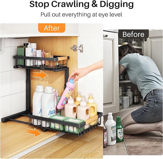 PXRACK Under Sink Organizer, Adjustable Height, 2 Tier Pull Out Under Cabinet Organizer, Slide Out Thickened Metal Under Sink Storage for Kitchen Bathroom Laundry Pantry Cabinet, Black, Large-2-Pack