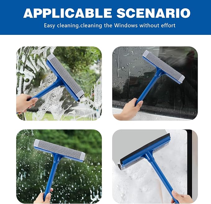 15.9" Window Squeegee for Car,2 in 1 Squeegee Window Cleaner with Long Stainless Steel Handle,Sponge Car Window Squeegee for Gas Station, Glass,Shower (Plastic Pole)