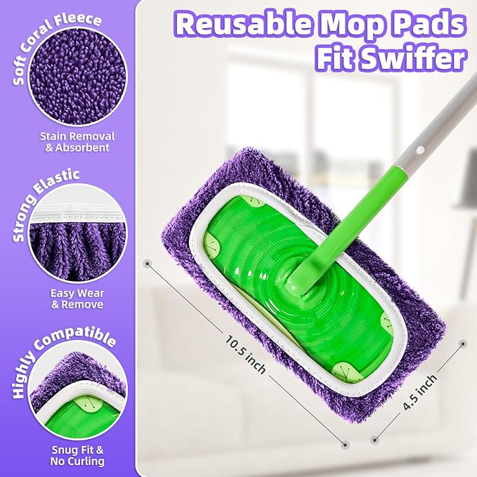 Reusable Mop Pads Compatible with Swiffer Sweeper Mop, Microfiber Wet Pads Refill & Machine Washable Dry Sweeping Cloths for Use on All Sealed Floors - Stone, Hardwood, Laminate & Tile (6 Purple)