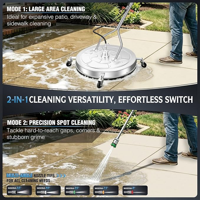 RAYNEL 30" Pressure Washer Surface Cleaner, Power Washer Accessory | Stainless Steel Housing, 4 Wheels, Dual Handles, 2 Hose Adapters, 5 Spray Nozzles & 4 Replacement Nozzles, Max 4000 PSI