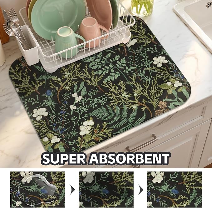 Boho Dish Drying Mat for Kitchen Counter,Botanical Fern Plant Floral Black Farmhouse Absorbent Microfiber Reusable Washable Non-Slip Dish Drainer Draining Mats Dishes Pad for Kitchen Decor 18x16 Inch