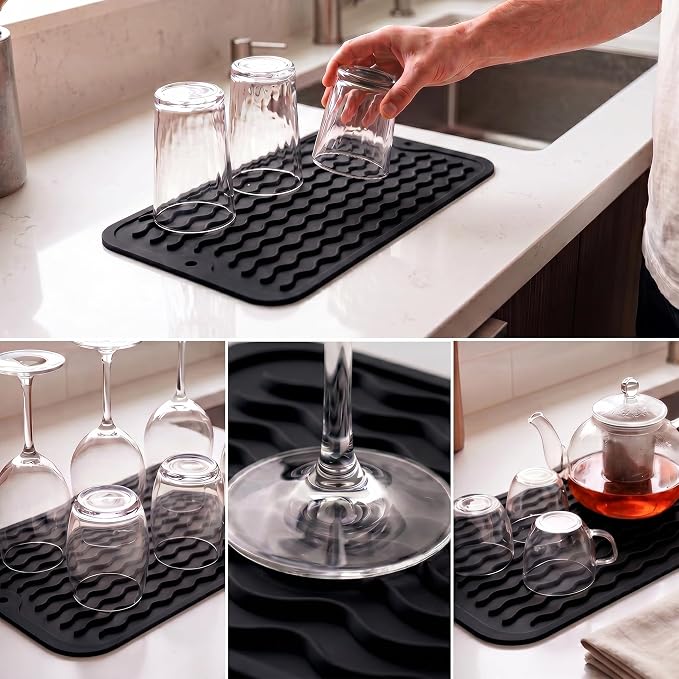 MicoYang Silicone Dish Drying Mat for Multiple Usage,Easy clean,Eco-friendly,Heat-resistant Silicone Mat for Kitchen Counter or Sink,Refrigerator or Drawer Liner Black S 12 inches x 6 inches