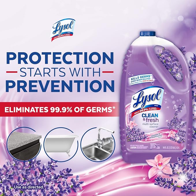 Lysol All Purpose Cleaner, Multi-Surface Disinfectant Floor Cleaner for Mopping Solution, Household Cleaning Supplies, for Bathroom & Kitchen, Lavender Orchid Scent, 4x144 oz