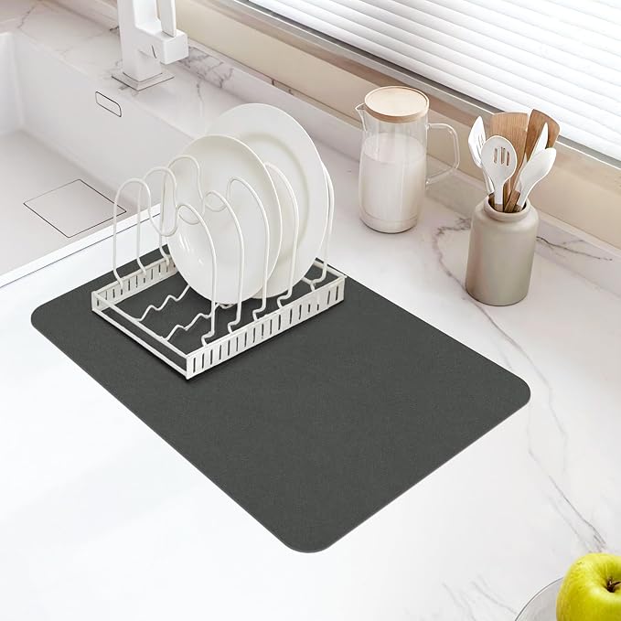Dish Drying Mat for Kitchen Counter, 12“ x 19” Super Absorbent Kitchen Dish Drying Pad, Coffee Bar Mat with Rubber Backed, Coffee Bar Accessories for Countertop Dishes Utensils, Dark Gray