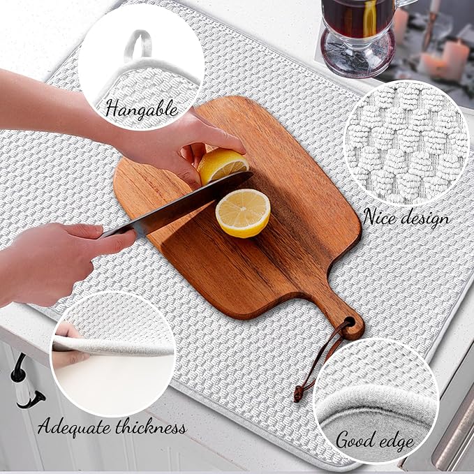 3 Pcs XXL Dish Drying Mat,Absorbent Microfiber Dishes Drainer Mats,Large Size 24×17" Pads for Kitchen Counter,Coffee,Rack,Under Sink,Light Gray