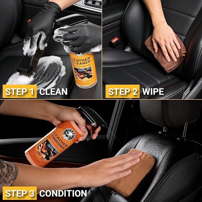 Car Leather Cleaner and Conditioner Kit, Leather Care Cleaning Kit with Horse Hair Cleaning Brush - Safe for Car Interiors, Furniture, Boots, Bags & Apparel - Deep Cleaning, Non-Greasy Restorer