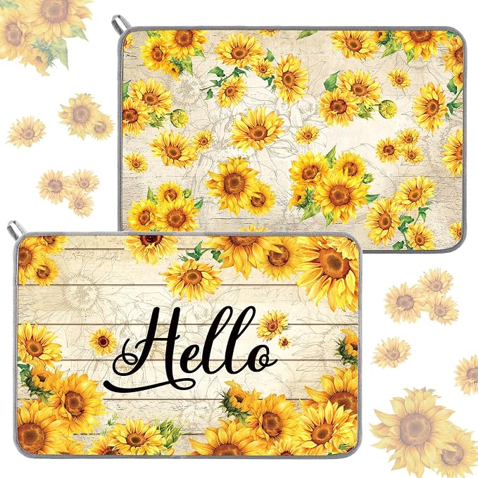 Zonon Dish Drying Mat for Kitchen Counter 16 x 24 Microfiber Absorbent Dish Drainer Rack Pads Fast Dry Mat Vintage Kitchen Decorations(Yellow,16" X 24",Sunflower)
