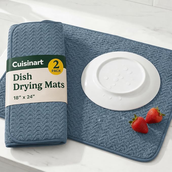 Cuisinart Dish Drying Mat for Kitchen Counter - 2-Pack XL 18x24 Ultra Absorbent Microfiber Dish Mat - Fast Drying, Machine Washable, Foldable Countertop Pad - Safe for Granite & Quartz