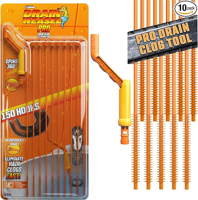 FlexiSnake Pro Drain Weasel Sink Snake Hair Clog Remover Tool, 10 Wands | Sink, Pipe, Bathroom, Bathtub Drain Cleaner, 18-inch Long, Flexible, Removable Handle, Made in The USA