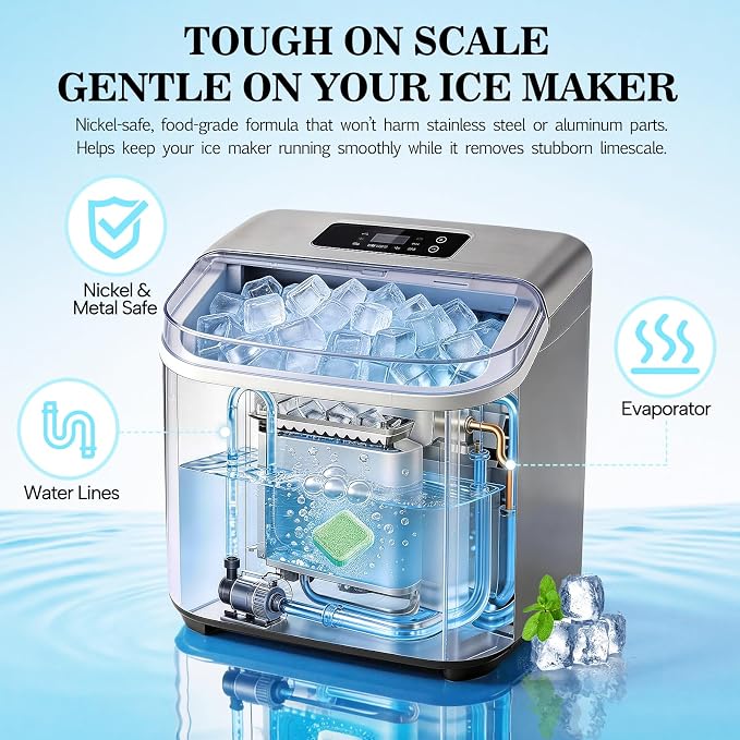 Bellaluce Ice Machine Cleaner Tablets, 32 Effervescent Descaling Tabs, Nickel Safe Cleaner for Countertop, Nugget, Portable & Commercial Ice Makers, Food-Grade Scale Remover for Fresh, Odor-Free Ice