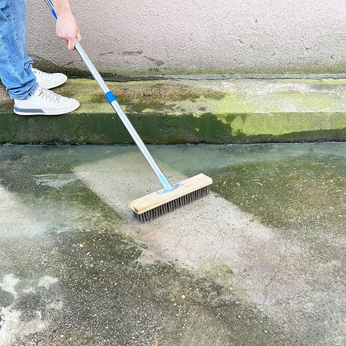 Concrete Brush Heavy Duty Scrubbing Tool, Weeds Moss Algae Stain Remover | Deck Scrub Brush Long Handle Outside Moss Remover Outdoor Scrubbing Tool Garage Cleaner for Patio Deck Garden Shower Wall