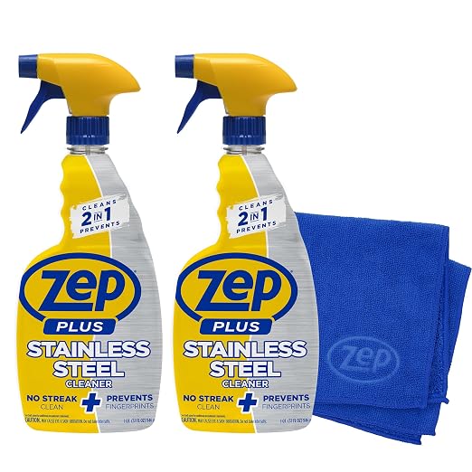 Zep Plus Stainless Steel Cleaner 32 oz (2 Units) & a Blue Microfiber Rag ECBD022 - Streak-Free Fingerprint Removal for Stainless Steel Appliances