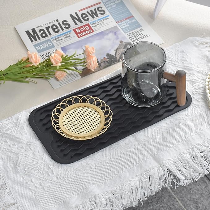 Silicone Dish Drying Mat, Non-Slip Easy Clean Sink Mat Large Heat-resistant Dish Drainer Mat for Kitchen Counter, Sink, Refrigerator or Drawer liner (12" x 6", BLACK)
