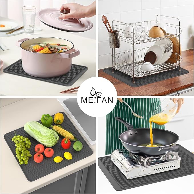 ME.FAN Silicone Dish Drying Mat for Kitchen Counter, Dish Drying Pad for Sink, Refrigerator or Drawer, Countertop Protection Pad S - 12'' x 8'' - Grey