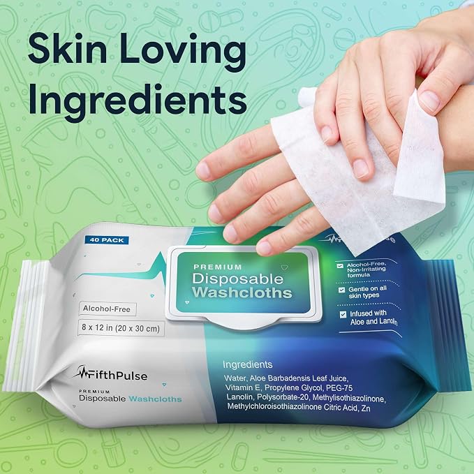 Disposable Body Wipes For Adults 200 Count (5 x 40 Packs) - Premoistened Washcloths For Elderly Bathing Infused With Aloe and Lanolin - Alcohol-Free Adult Wet Wipes, Extra Large 8" x 12" Wash Cloth