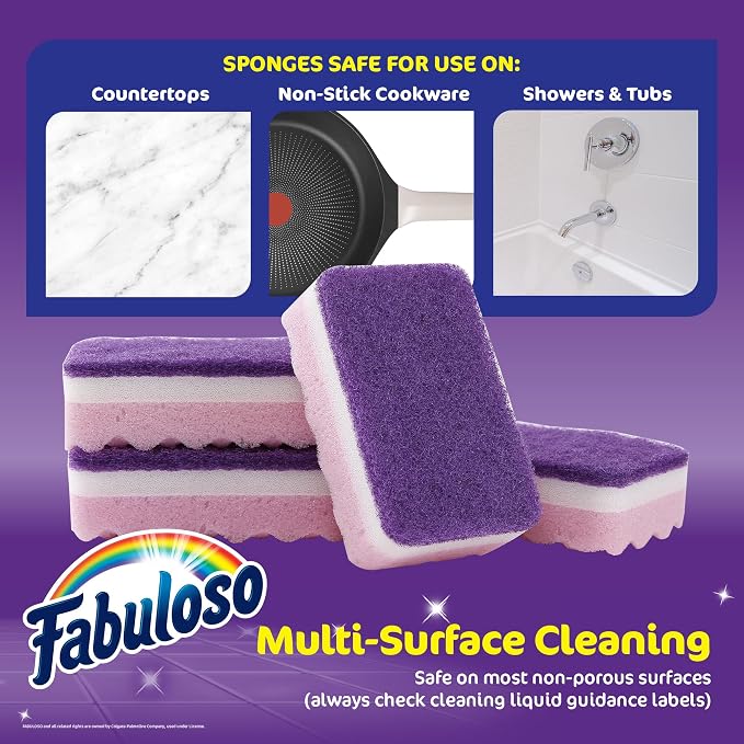 Fabuloso Scratch-Free Kitchen Dish Sponges Purple Cellulose Scrubber Sponge with Scouring Pad Dishes Pots Pans Counters and Sinks Tough on Messes 4.25 x 2.75 x 1.25 in 4 Count Single Pack Value