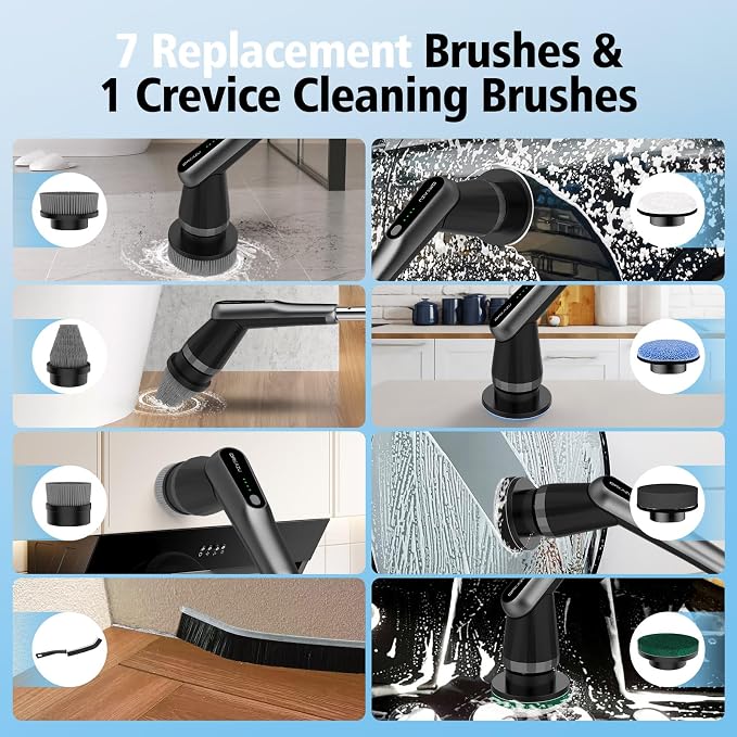 Electric Spin Scrubber, 10-in-1 Shower Scrubber & Retractable Long Handle, 44 lbs High-Torque & Variable Speed Shower Cleaning Brush for Bathroom,Toilet, Bathtub, Kitchen, Tile Floors,