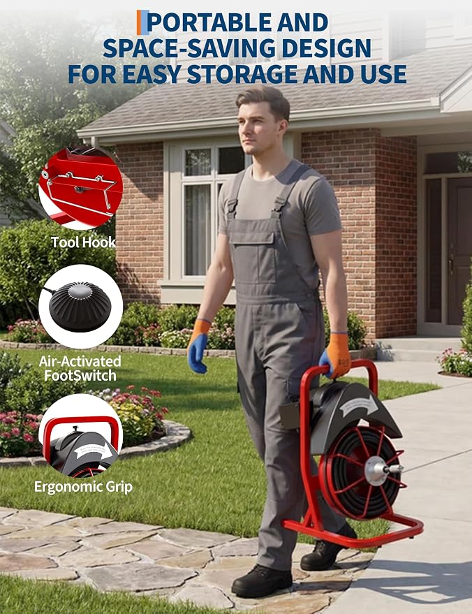 Garvee Drain Cleaner Machine 75FT x 1/2 Inch Steel Core Cable Portable 370W Electric Drain Cleaning Machine With Sewer Auger, Cutter, Air-activated Foot Switch, for Commercial, Home | Durable steel cable , 370W motor, auto-feed, foot switch, portable w...