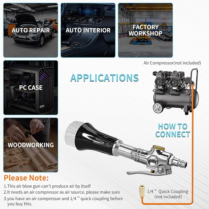 GOCCIDA Mini Tornado Air Blow Gun with Detachable Brush Car Cleaning Kit | Vortex Cleaning Gun Trumpet Head High Pressure Dryer Blow Gun Pneumatic Interior Cleaning Tool with Tornado Airflow