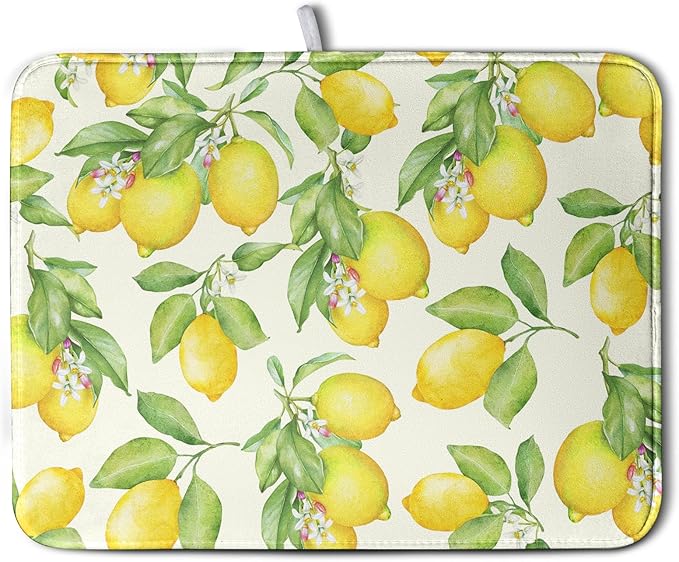 Summer Lemon Drying Mat Watercolor Fruit Yellow Lemon With Green Leaf Floral Dish Drying Mats for Kitchen Counter 18×24 Inch Microfiber Absorbent Dish Pad