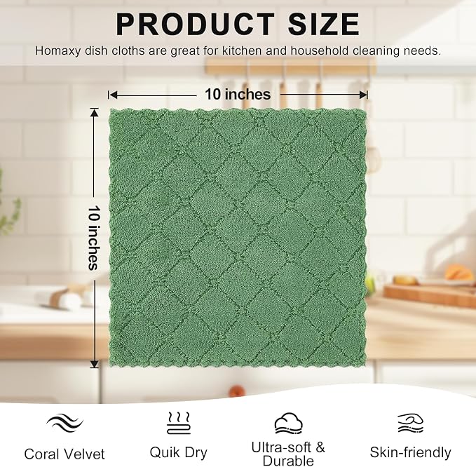 Homaxy 12 Pack Kitchen Dish Cloths (10 x 10 Inches, Grass Green), Super Soft and Absorbent Coral Velvet Dish Towels, Nonstick Oil Fast Drying Microfiber Cleaning Cloth, No Lint Household Dishcloths