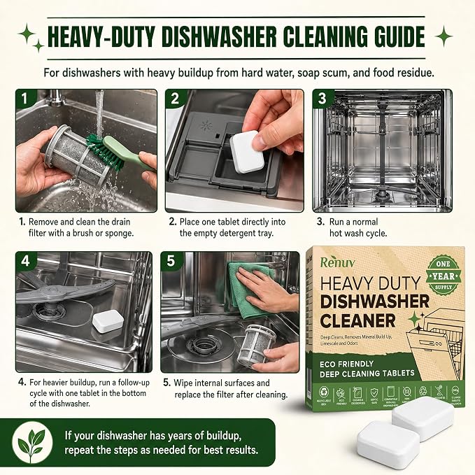 Renuv® Heavy Duty Dishwasher Cleaner & Deodorizer, Descaler, 12 XL Tablets | Deep Cleaning, Natural Odor & Smell Remover, Calcium, Limescale, Hard Water Marks, Grease Remover, Septic Safe