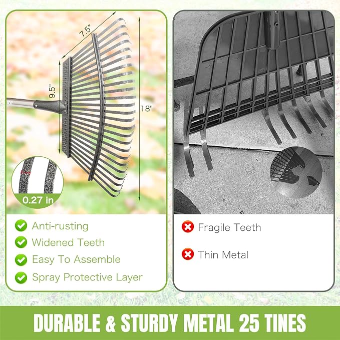 65 Inch 25 Tines Metal Leaf Rake Set with 32 Gal Bags Scoops, 18in Wide | Heavy duty lawn rake, Garden leaf collector, Yard clean up tool, Metal tines rake, Camping gear, Shrub rake, Weed remover