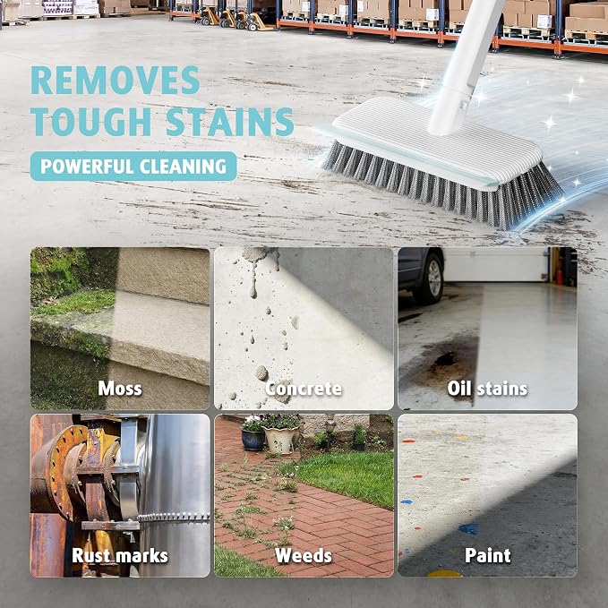 AIR U+ Concrete Scrub Brush, Long Handle, 7-Row Wire Bristles, Squeegee | Removes moss, algae and tough buildup from patios, driveways, pavers and garage floors, focused control for edges and steps