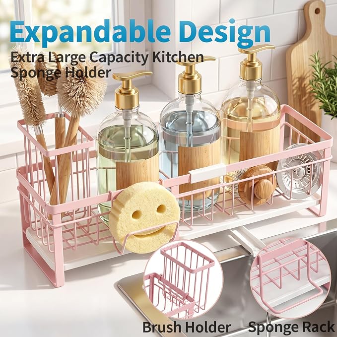 Aurblozen Extra Large Extendable Sponge Holder for Kitchen Sink, Rustproof Sink Caddy Organizer with High Brush Holder, Dish Soap Dispenser Organizers and Storage (Pink)