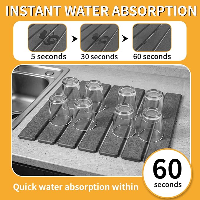 Stone Dish Drying Mat for Kitchen Counter, 16''×12'' Quick Dry Stone Dishes Mats Foldable Foldable Water Absorbing Diatomaceous Earth Drying Organizer Pad for Dishes Utensils Bottles(Dark Gray)